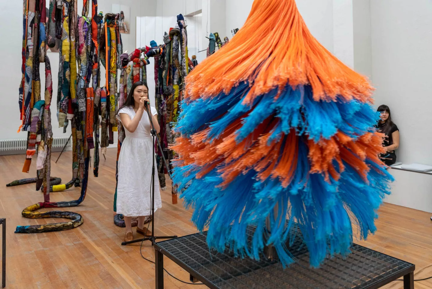 Performance beside a hanging textile installation during assessments