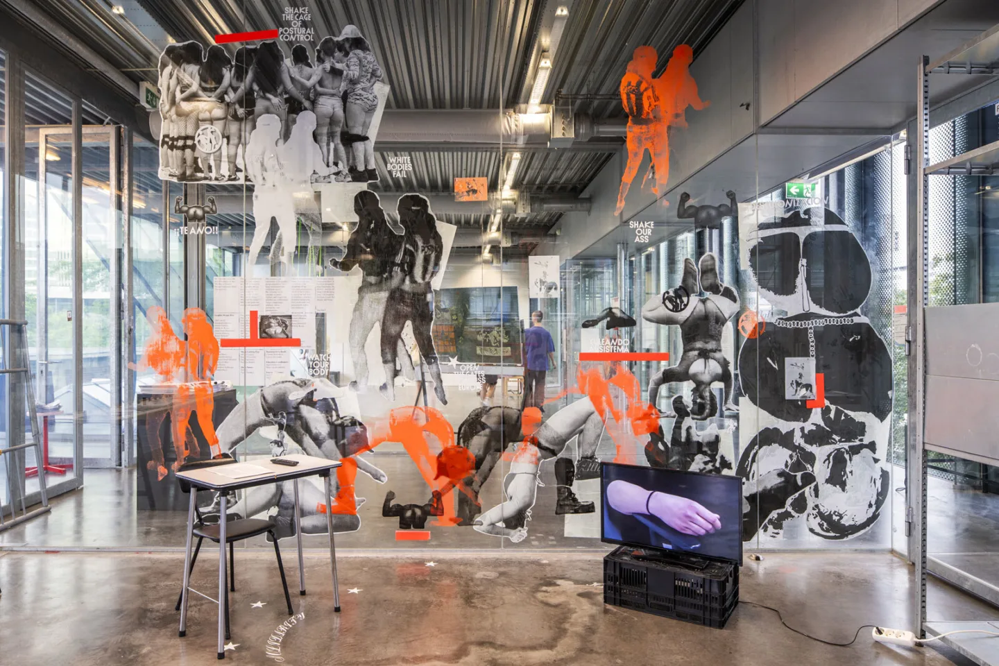 Large printed collage installation on glass walls in the GD studio