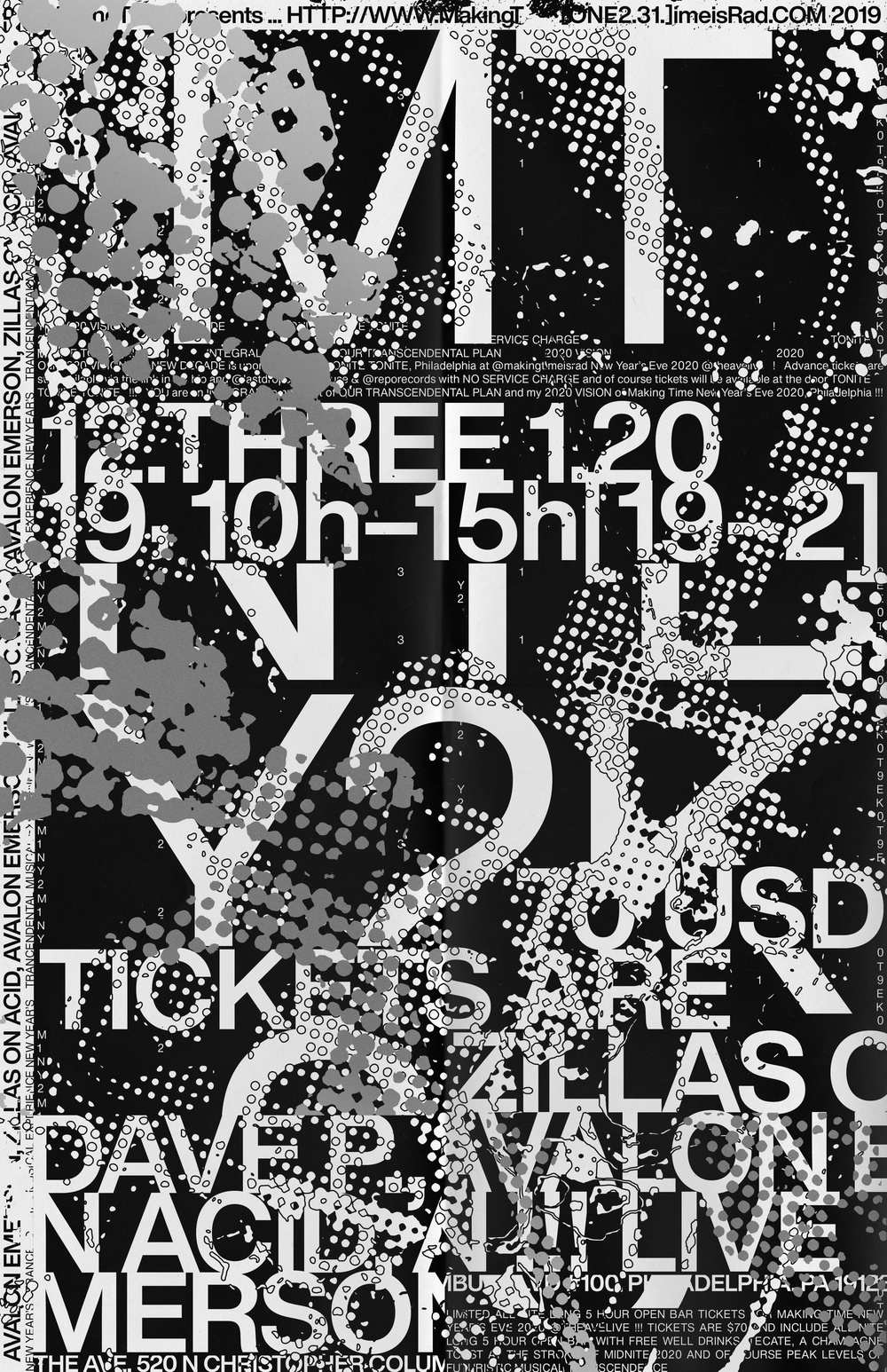 Black and white typographic event poster with halftone textures