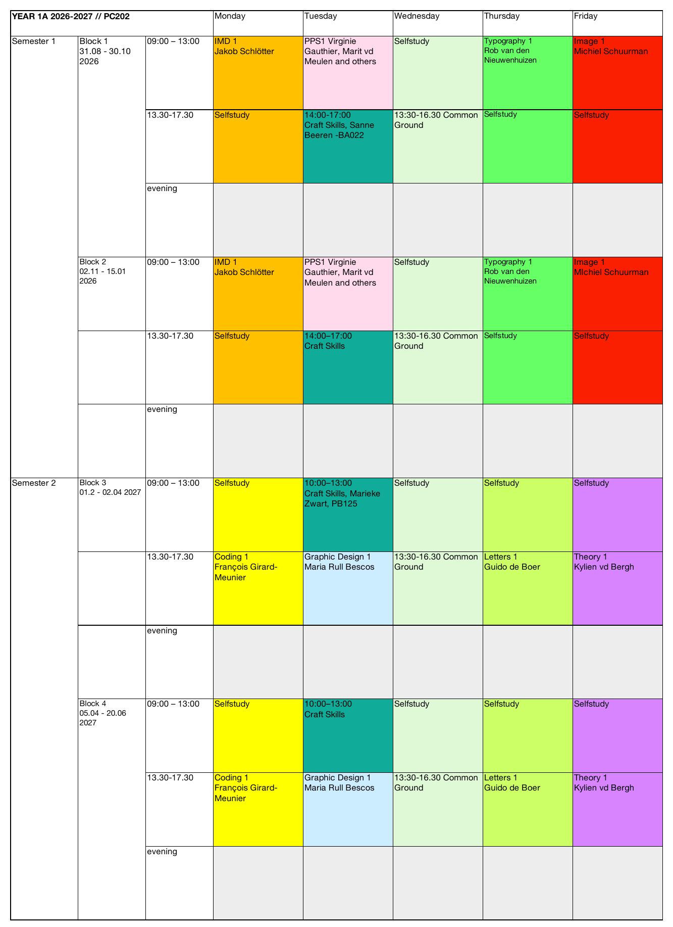 Year one Graphic Design weekly roster for 2026–2027